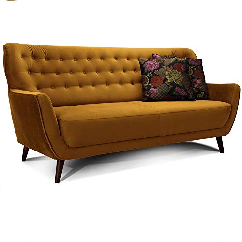 CAVADORE 3-Sitzer-Sofa Abby / Retro-Couch im Samt-Look mit Knopfheftung / 183 x 89 x 88 / Samtoptik, gold von CAVADORE