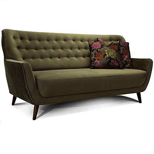 CAVADORE 3-Sitzer-Sofa Abby / Retro-Couch im Samt-Look mit Knopfheftung / 183 x 89 x 88 / Samtoptik, grün von CAVADORE