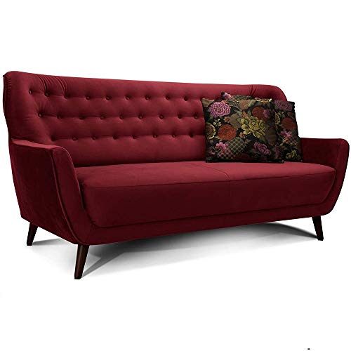 CAVADORE 3-Sitzer-Sofa Abby / Retro-Couch im Samt-Look mit Knopfheftung / 183 x 89 x 88 / Samtoptik, rot von CAVADORE