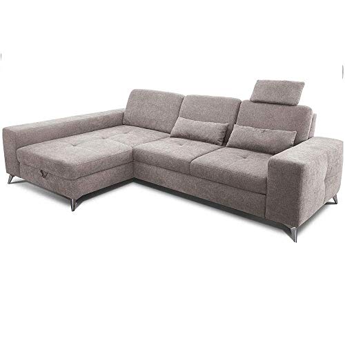 CAVADORE Ecksofa Bali / Trendige Sofaecke mit Longchair links, Kopfstütze & Nierenkissen / Inkl. Sitztiefenverstellung, Bett & Bettkasten / 286 x 92 x 176 / Flachgewebe: Beigegrau von CAVADORE