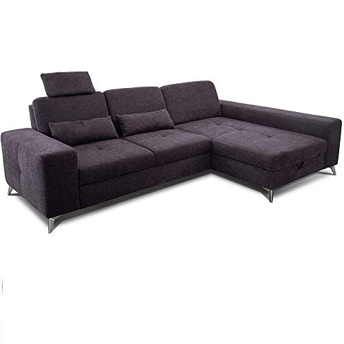 CAVADORE Ecksofa Bali / Trendige Sofaecke mit Longchair rechts, Kopfstütze & Nierenkissen / Inkl. Sitztiefenverstellung, Bett & Bettkasten / 286 x 92 x 176 / Flachgewebe: Dunkelgrau von CAVADORE