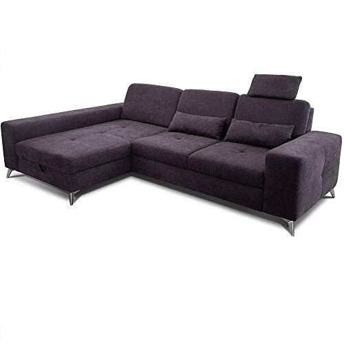 CAVADORE Ecksofa Bali / Trendige Sofaecke mit Longchair links, Kopfstütze & Nierenkissen / Inkl. Sitztiefenverstellung, Bett & Bettkasten / 286 x 92 x 176 / Flachgewebe: Dunkelgrau von CAVADORE