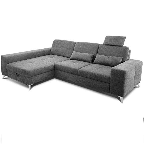 CAVADORE Ecksofa Bali / Trendige Sofaecke mit Longchair links, Kopfstütze & Nierenkissen / Inkl. Sitztiefenverstellung, Bett & Bettkasten / 286 x 92 x 176 / Flachgewebe: Grau von CAVADORE