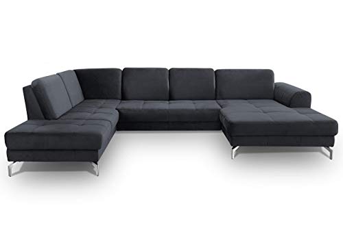 CAVADORE Wohnlandschaft Benda / Große Sofagarnitur mit XL-Longchair rechts & Federkern / Inkl. Sitztiefenverstellung / 332 x 87 x 226 / Samt: dunkelblau von CAVADORE