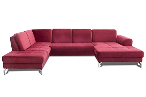 CAVADORE Wohnlandschaft Benda / Große Sofagarnitur mit XL-Longchair rechts & Federkern / Inkl. Sitztiefenverstellung / 332 x 87 x 226 / Samt: Rot von CAVADORE