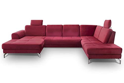 CAVADORE Wohnlandschaft Benda / Große Sofagarnitur mit XL-Longchair links & Federkern / Inkl. Sitztiefenverstellung & Kopfstützen / 332 x 87 x 226 / Samt: Rot von CAVADORE