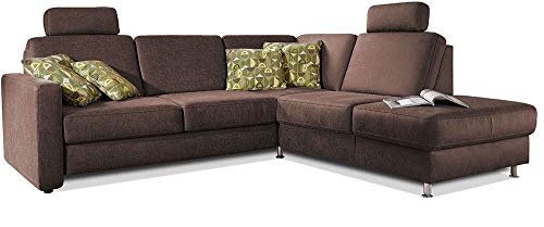 CAVADORE Ecksofa Clint / Sofaecke mit Ottomane links-rechts montierbar / Inkl. Bettfunktion & Kopfstützen / 246 x 86 x 220 / Lederoptik: Braun von CAVADORE