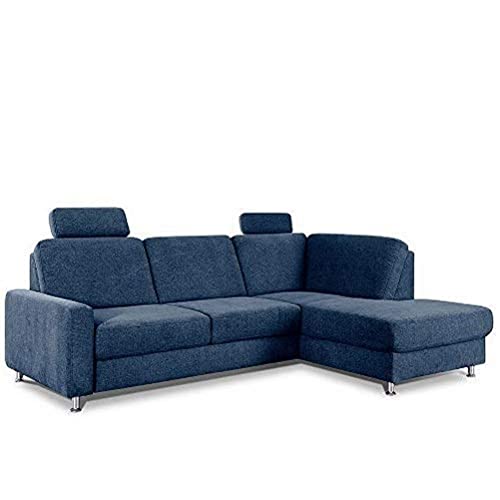 CAVADORE Ecksofa Clint / Sofaecke mit Ottomane rechts / Inkl. Bett, Bettkasten & Kopfstützen / Soft Clean Bezug: Leichte Fleckenentfernung / 246 x 86 x 165 / Flachgewebe: Blau von CAVADORE