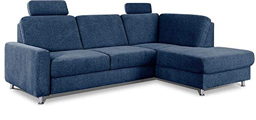 CAVADORE Ecksofa Clint / Sofaecke mit Ottomane rechts / Inkl. Bettfunktion & Kopfstützen / Soft Clean Bezug: Leichte Fleckenentfernung / 246 x 86 x 165 / Flachgewebe: Blau von CAVADORE