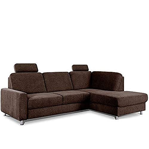 CAVADORE Ecksofa Clint / Sofaecke mit Ottomane rechts / Inkl. Bett, Bettkasten & Kopfstützen / Soft Clean Bezug: Leichte Fleckenentfernung / 246 x 86 x 165 / Flachgewebe: Braun von CAVADORE