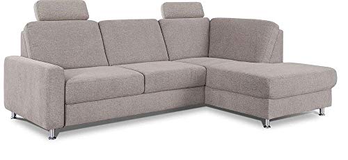 CAVADORE Ecksofa Clint / Sofaecke mit Ottomane rechts / Inkl. Bett, Bettkasten & Kopfstützen / Soft Clean Bezug: Leichte Fleckenentfernung / 246 x 86 x 165 / Flachgewebe: Hellgrau von CAVADORE