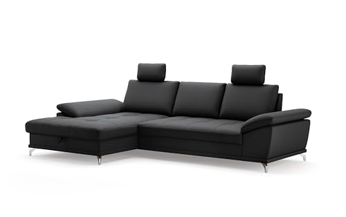 Cavadore Eckcouch Castiel mit Federkern / Ecksofa mit XL-Longchair, Bett, Bettkasten, Sitztiefenverstellung, Kopfstützen und mattschwarzen Metallfüßen / 301 x 89-114 x 176 / Echtleder, Schwarz Cavadore Eckcouch Castiel mit Federkern / Ecksofa mit XL-Longchair, Bett, Bettkasten, Sitztiefenverstellung, Kopfstützen und mattschwarzen Metallfüßen / 301 x 89-114 x 176 / Echtleder, Schwarz von CAVADORE