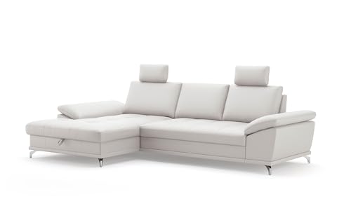 Cavadore Eckcouch Castiel mit Federkern / Ecksofa mit XL-Longchair, Bett, Bettkasten, Sitztiefenverstellung, Kopfstützen und mattschwarzen Metallfüßen / 301 x 89-114 x 176 / Echtleder, Weiß von CAVADORE