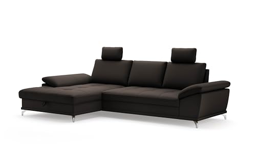 Cavadore Eckcouch Castiel mit Federkern / Ecksofa mit großem Longchair, Sitztiefenverstellung, Kopfstützen und mattschwarzen Metallfüßen / 301 x 89-114 x 176 / Echtleder, Dunkelbraun von CAVADORE