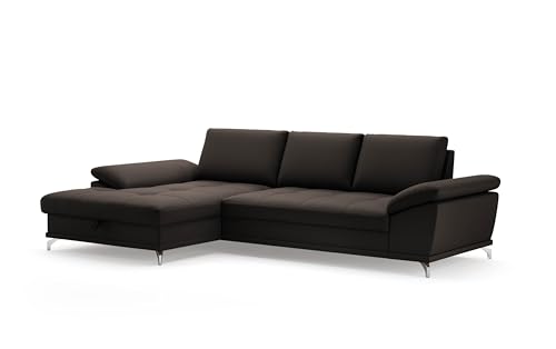 Cavadore Eckcouch Castiel mit Federkern / Ecksofa mit großem Longchair, Sitztiefenverstellung und mattschwarzen Metallfüßen / 301 x 89 x 176 / Echtleder, Dunkelbraun von CAVADORE