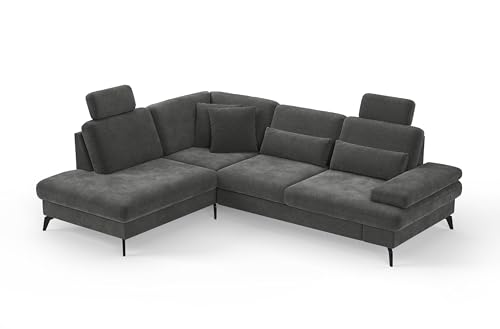 Cavadore Eckcouch Moritz / Ecksofa im trendigen Design mit Bett, Bettkasten, Sitztiefenverstellung, Kopfstützen und mattschwarzen Metallfüßen / 212 x 82-107 x 268 / Mikrofaser, Grauoliv von CAVADORE