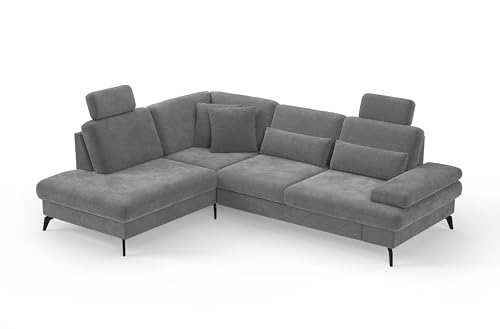 Cavadore Eckcouch Moritz / Ecksofa im trendigen Design mit Bett, Bettkasten, Sitztiefenverstellung, Kopfstützen und mattschwarzen Metallfüßen / 212 x 82-107 x 268 / Mikrofaser, Mittelgrau von CAVADORE