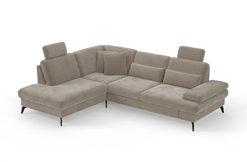 Cavadore Eckcouch Moritz / Ecksofa im trendigen Design mit Bett, Bettkasten, Sitztiefenverstellung, Kopfstützen und mattschwarzen Metallfüßen / 212 x 82-107 x 268 / Mikrofaser, Perlbeige von CAVADORE