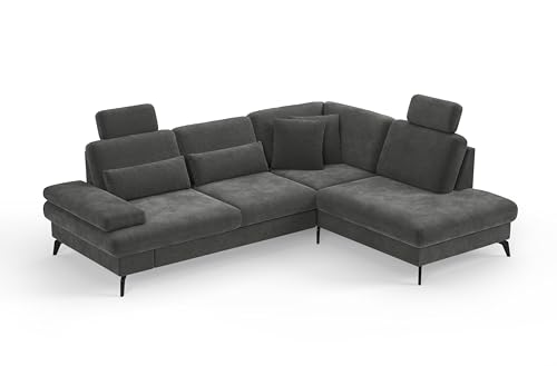 Cavadore Eckcouch Moritz / Ecksofa im trendigen Design mit Bett, Bettkasten, Sitztiefenverstellung, Kopfstützen und mattschwarzen Metallfüßen / 262 x 82-107 x 212 / Mikrofaser, Grauoliv von CAVADORE