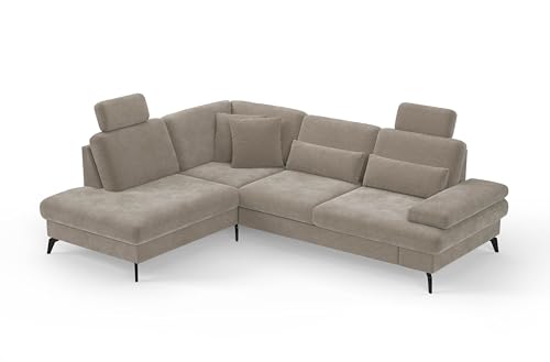 Cavadore Eckcouch Moritz / Ecksofa im trendigen Design mit Sitztiefenverstellung, Kopfstützen und mattschwarzen Metallfüßen / 212 x 82-107 x 268 / Mikrofaser, Perlbeige von CAVADORE