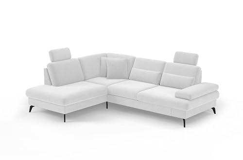 Cavadore Eckcouch Moritz / Ecksofa im trendigen Design mit Sitztiefenverstellung, Kopfstützen und mattschwarzen Metallfüßen / 212 x 82-107 x 268 Flachgewebe, Weiß von CAVADORE