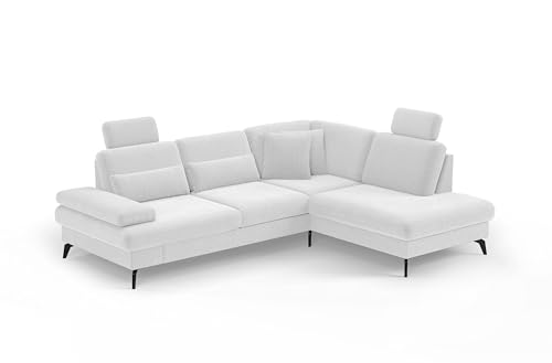 Cavadore Eckcouch Moritz / Ecksofa im trendigen Design mit Sitztiefenverstellung, Kopfstützen und mattschwarzen Metallfüßen / 262 x 82-107 x 212 Flachgewebe, Weiß von CAVADORE