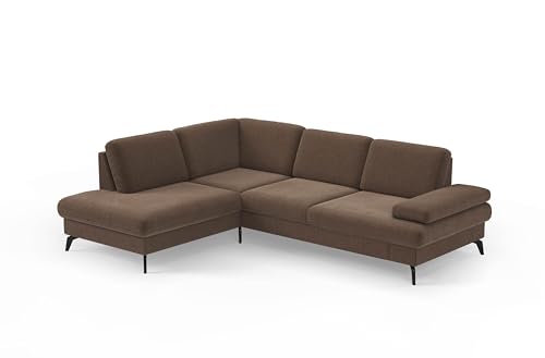 Cavadore Eckcouch Moritz / Ecksofa im trendigen Design mit Sitztiefenverstellung und mattschwarzen Metallfüßen / 212 x 82 x 268 / Flachgewebe, Braun von CAVADORE