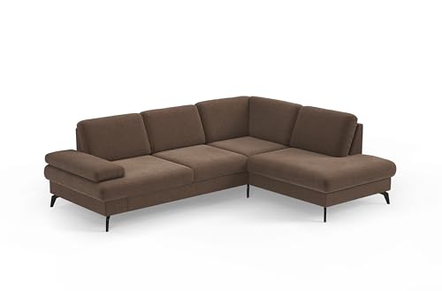 Cavadore Eckcouch Moritz / Ecksofa im trendigen Design mit Sitztiefenverstellung und mattschwarzen Metallfüßen / 262 x 82 x 212 / Flachgewebe, Braun von CAVADORE