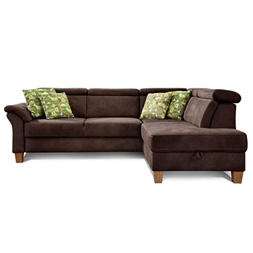 Cavadore Ecksofa Ammerland mit Ottomane rechts / Federkern-Sofa im Landhausstil mit verstellbaren Kopfstützen / 245 x 84 x 194 / Lederoptik braun von CAVADORE