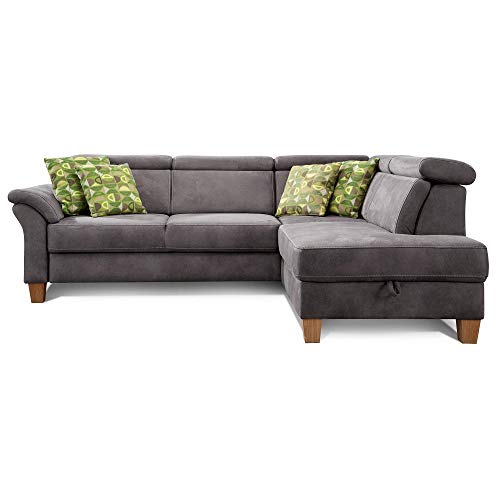 Cavadore Ecksofa Ammerland mit Ottomane rechts / Federkern-Sofa im Landhausstil mit verstellbaren Kopfstützen / 245 x 84 x 194 / Lederoptik dunkelgrau von CAVADORE