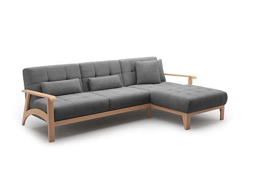 Cavadore Ecksofa Billan / Eckcouch im skandinavischen Design mit Longchair und massivem Holzgestell in Buche / 264 x 88 x 183 / Flachgewebe, Grau von CAVADORE