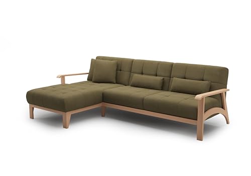 Cavadore Ecksofa Billan / Eckcouch im skandinavischen Design mit Longchair und massivem Holzgestell in Buche / 264 x 88 x 183 / Mehrfarbiger Strukturstoff, Grün von CAVADORE