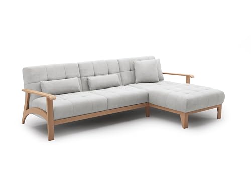 Cavadore Ecksofa Billan / Eckcouch im skandinavischen Design mit Longchair und massivem Holzgestell in Buche / 264 x 88 x 183 / Mehrfarbiger Strukturstoff, Hellgrau von CAVADORE