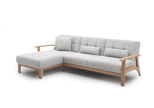Cavadore Ecksofa Billan / Eckcouch im skandinavischen Design mit Longchair und massivem Holzgestell in Buche / 264 x 88 x 183 / Mehrfarbiger Strukturstoff, Hellgrau von CAVADORE