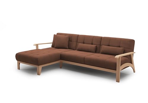 Cavadore Ecksofa Billan / Eckcouch im skandinavischen Design mit Longchair und massivem Holzgestell in Buche / 264 x 88 x 183 / Mehrfarbiger Strukturstoff, Rot-Braun von CAVADORE