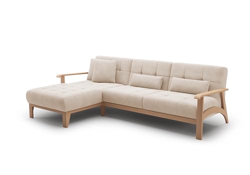 Cavadore Ecksofa Billan / Eckcouch im skandinavischen Design mit Longchair und massivem Holzgestell in Buche / 264 x 88 x 183 / Mikrofaser, Beige von CAVADORE