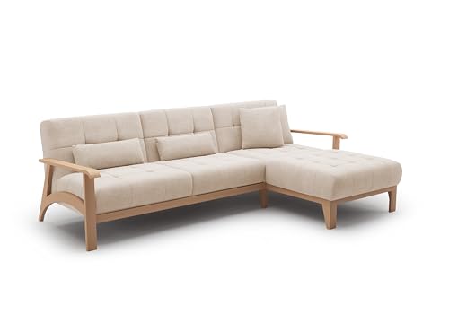 Cavadore Ecksofa Billan / Eckcouch im skandinavischen Design mit Longchair und massivem Holzgestell in Buche / 264 x 88 x 183 / Mikrofaser, Beige von CAVADORE