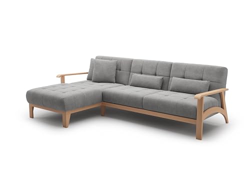 Cavadore Ecksofa Billan / Eckcouch im skandinavischen Design mit Longchair und massivem Holzgestell in Buche / 264 x 88 x 183 / Mikrofaser, Grau von CAVADORE