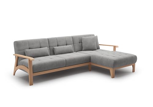 Cavadore Ecksofa Billan / Eckcouch im skandinavischen Design mit Longchair und massivem Holzgestell in Buche / 264 x 88 x 183 / Mikrofaser, Grau von CAVADORE