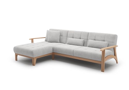 Cavadore Ecksofa Billan / Eckcouch im skandinavischen Design mit Longchair und massivem Holzgestell in Buche / 264 x 88 x 183 / Mikrofaser, Hellgrau von CAVADORE