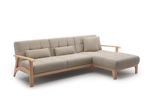 Cavadore Ecksofa Billan / Schlafsofa im skandinavischen Design mit Longchair, Bett und massivem Holzgestell in Buche / 264 x 88 x 183 / Flachgewebe, Beige von CAVADORE