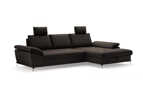 Cavadore Ecksofa Castiel mit Federkern / Eckcouch mit XL-Longchair, Bett, Bettkasten, Sitztiefenverstellung, Kopfstützen und mattschwarzen Metallfüßen / 301 x 89-114 x 176 / Echtleder, Dunkelbraun von CAVADORE