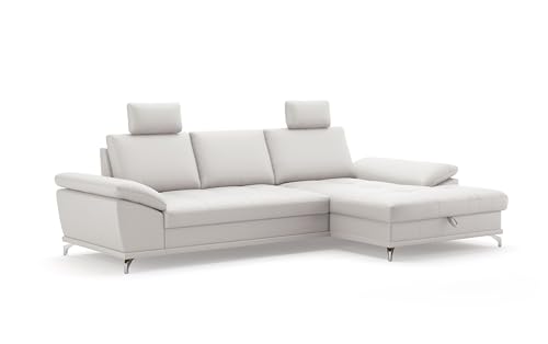 Cavadore Ecksofa Castiel mit Federkern / Eckcouch mit großem Longchair, Sitztiefenverstellung, Kopfstützen und mattschwarzen Metallfüßen / 301 x 89-114 x 176 / Echtleder, Weiß von CAVADORE