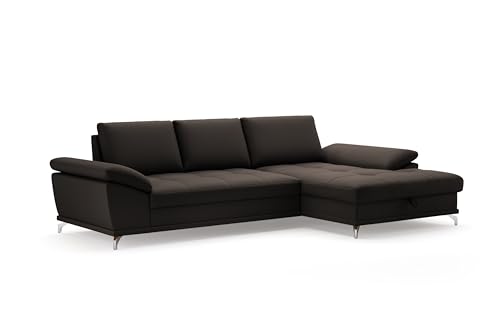 Cavadore Ecksofa Castiel mit Federkern / Eckcouch mit großem Longchair, Sitztiefenverstellung und mattschwarzen Metallfüßen / 301 x 89 x 176 / Echtleder, Dunkelbraun von CAVADORE