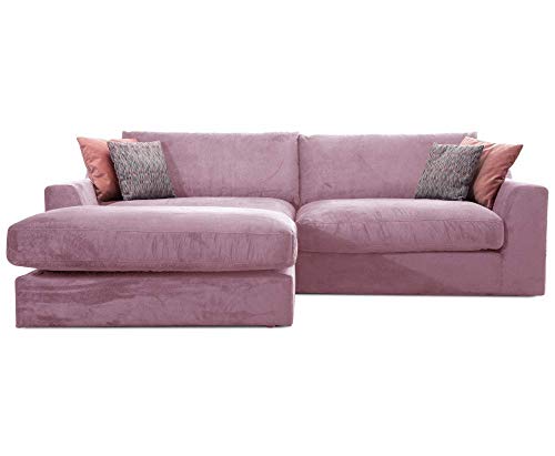 CAVADORE Ecksofa Fiona mit Recamiere Links/Große Eckcouch inkl. Rückenkissen im modernen Design / 277x90x199 / Webstoff Flieder von CAVADORE