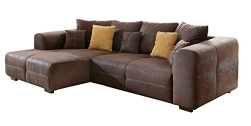 Cavadore Ecksofa Mavericco / Polster Eck-Couch mit Kissen / In Antik-Leder-Optik mit nussbaumfarbenen Holzfüßen / Longchair links / Größe: 285 x 69 x 170 (BxHxT) / Mikrofaser Braun von CAVADORE