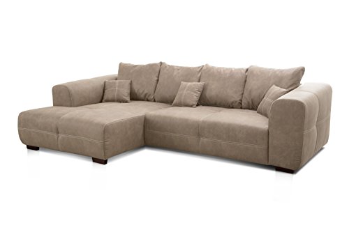 Cavadore Ecksofa Mavericco / XXL Eckcouch Inkl. Rückenkissen und Zierkissen / Longchair links / Industrial Style / 285 x 69 x 170 (BxHxT) / Mikrofaser Beige von CAVADORE