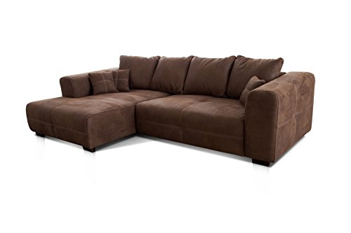 Cavadore Ecksofa Mavericco / XXL Eckcouch Inkl. Rückenkissen und Zierkissen / Longchair links / Industrial Style / 285 x 69 x 170 (BxHxT) / Mikrofaser Braun von CAVADORE