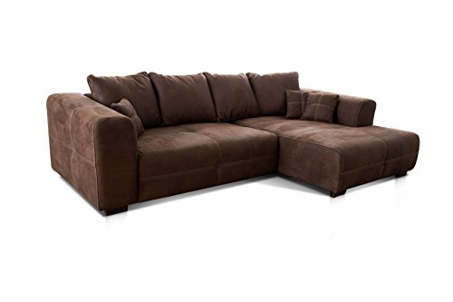 Cavadore Ecksofa Mavericco / XXL Eckcouch Inkl. Rückenkissen und Zierkissen / Longchair rechts / Industrial Style / 285 x 69 x 170 (BxHxT) / Mikrofaser Dunkelbraun von CAVADORE