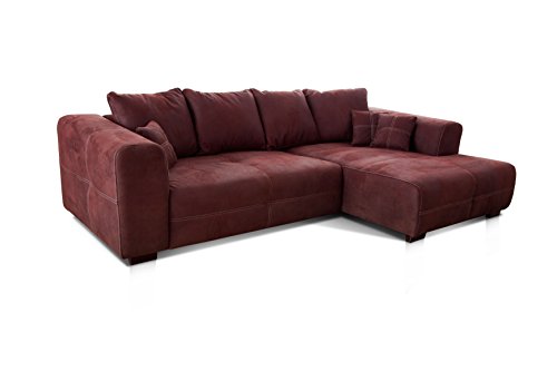 Cavadore Ecksofa Mavericco / XXL Eckcouch Inkl. Rückenkissen und Zierkissen / Longchair rechts / Industrial Style / 285 x 69 x 170 (BxHxT) / Mikrofaser Rot (bordeaux) von CAVADORE